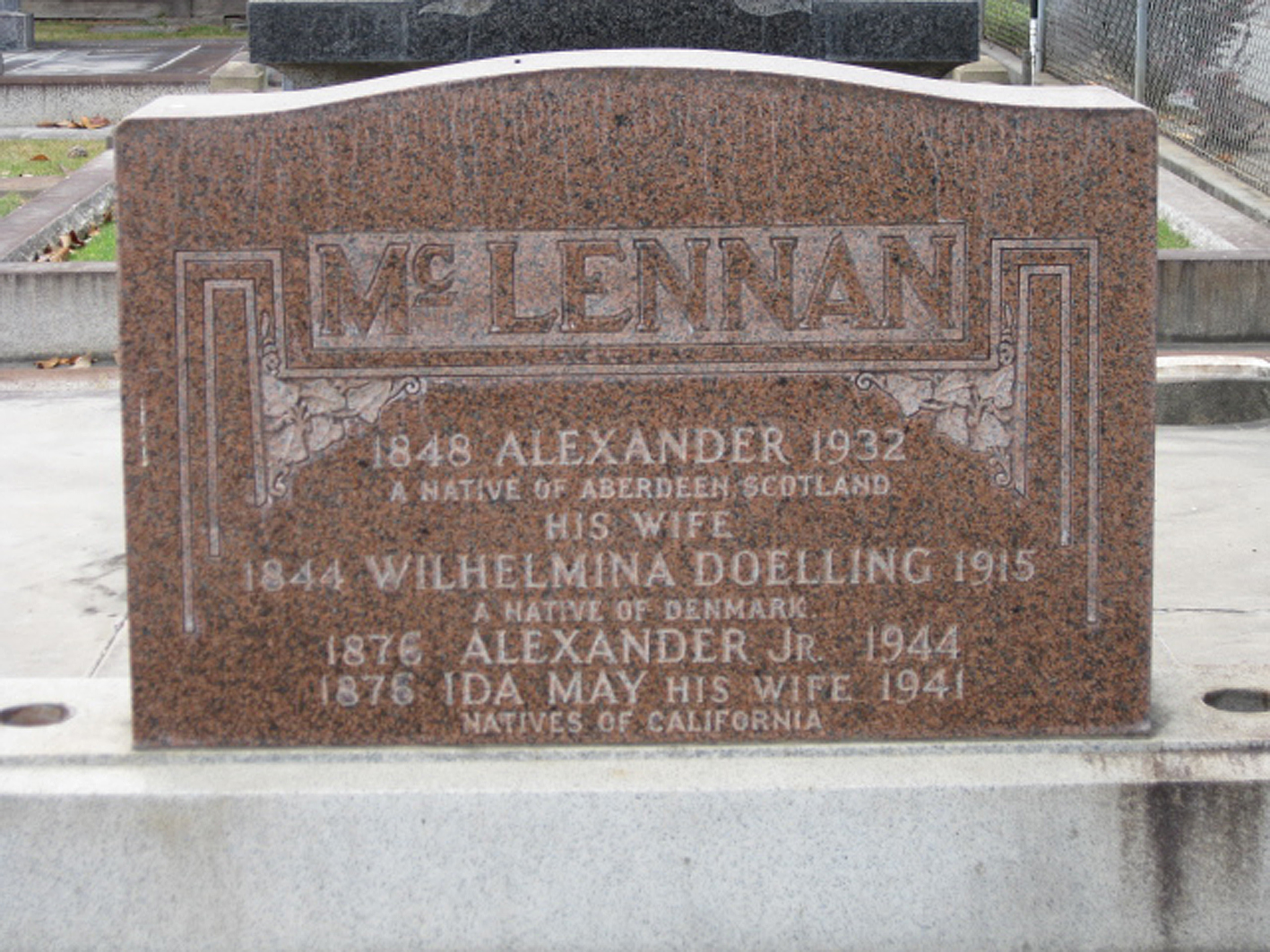 Photo of headstones/Alexander Mclennan died 1932 MI Hayward, Alameda, California